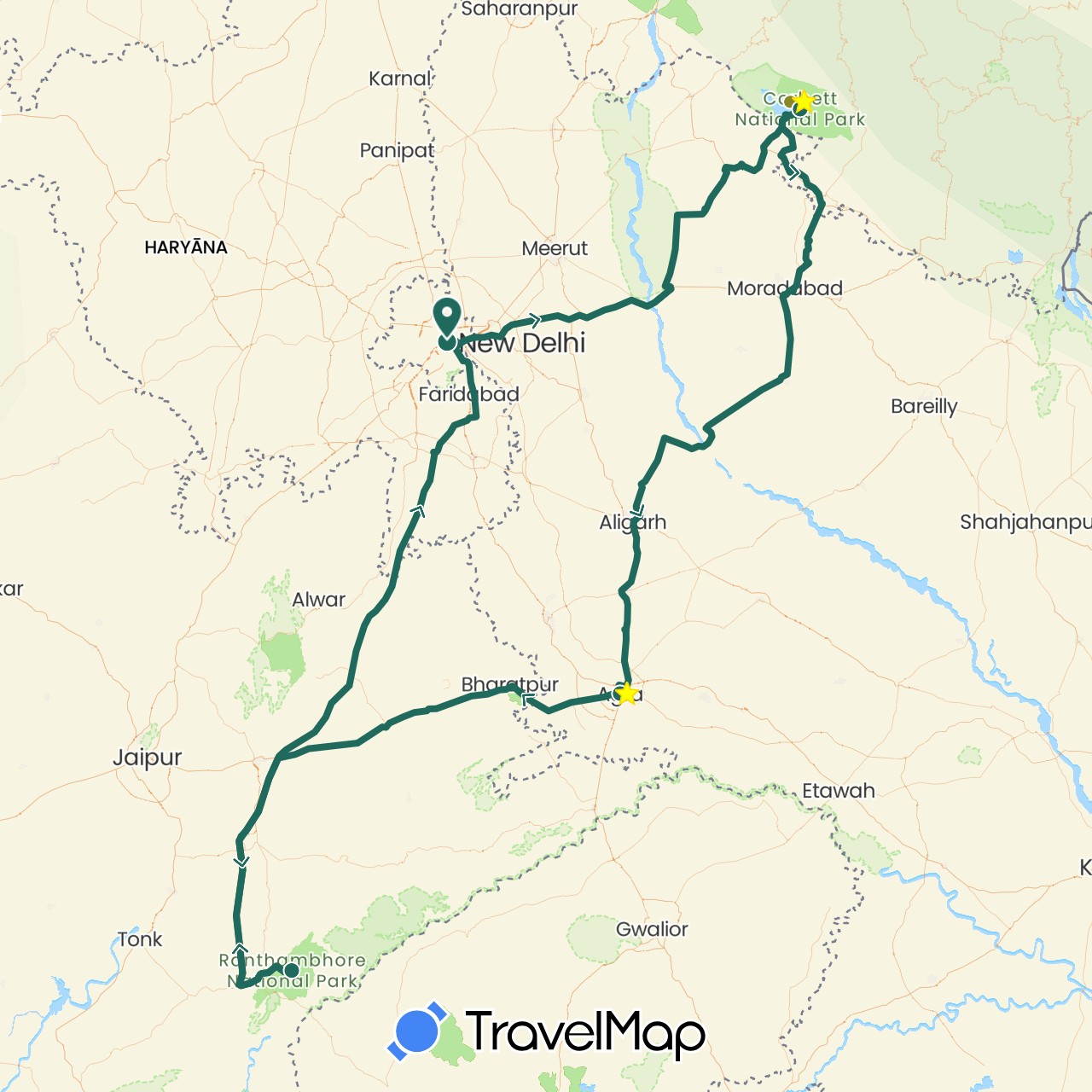 TravelMap itinerary: driving, jungle safari, road transfer in India (Asia)
