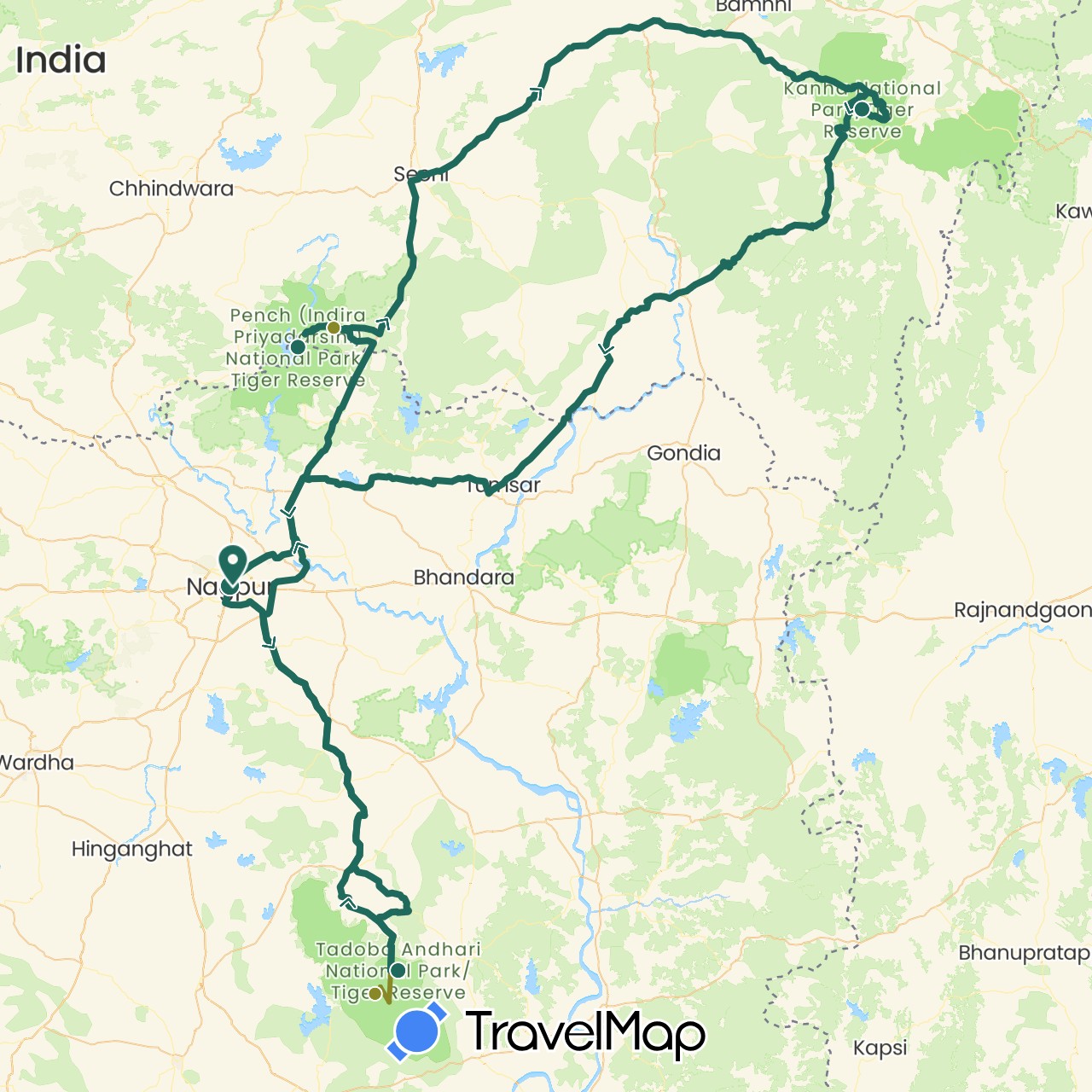 TravelMap itinerary: driving, jungle safari, road transfer in India (Asia)
