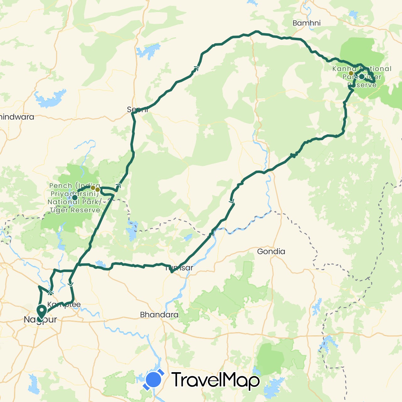TravelMap itinerary: driving, jungle safari, road transfer in India (Asia)