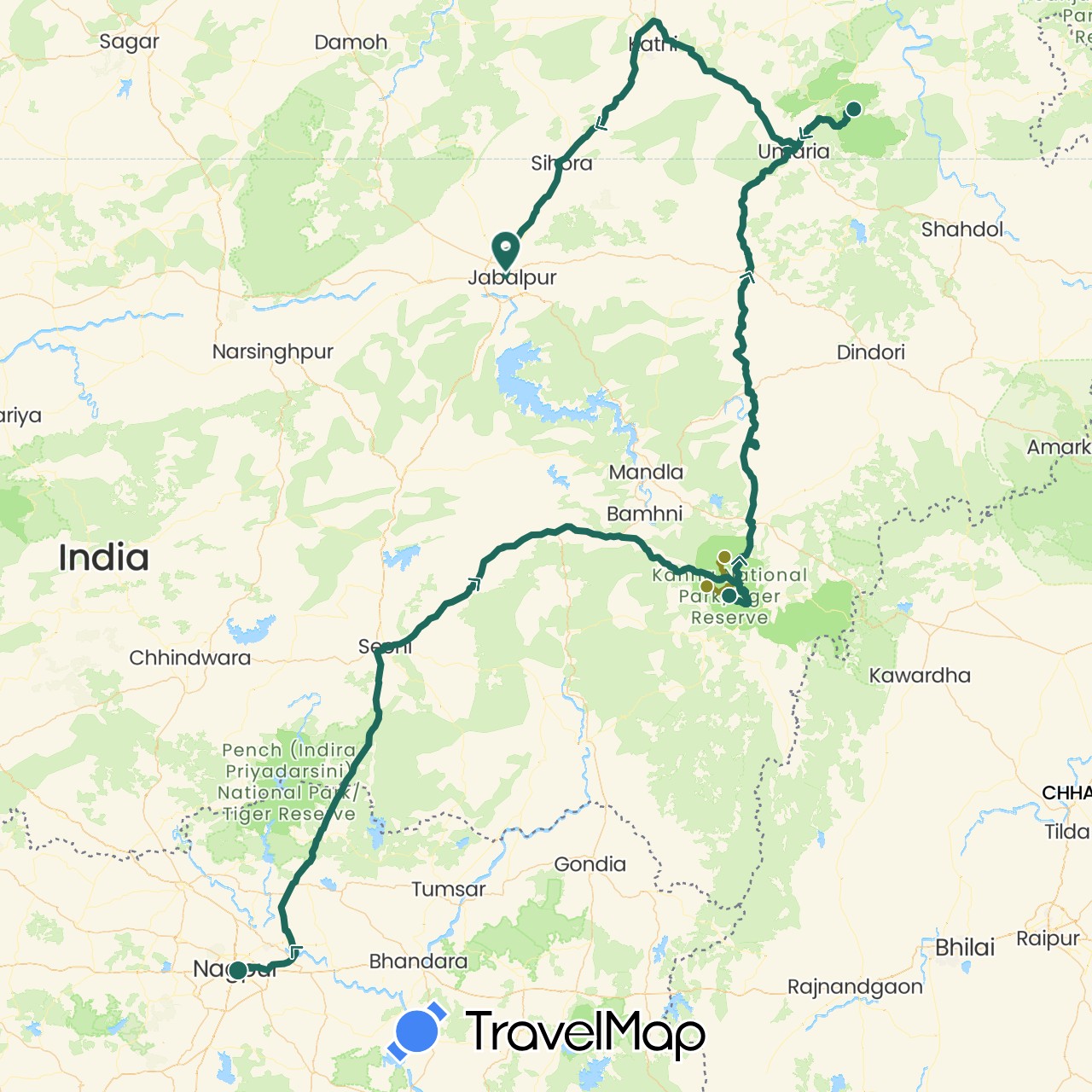 TravelMap itinerary: driving, jungle safari, road transfer in India (Asia)