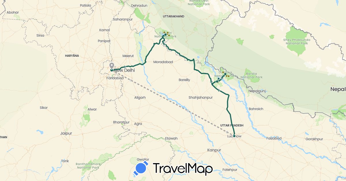 TravelMap itinerary: driving, jungle safari, road transfer, air transfer in India (Asia)