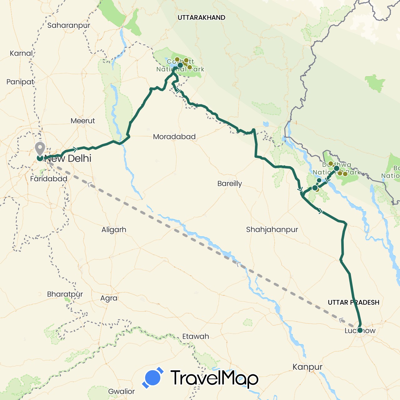 TravelMap itinerary: driving, jungle safari, road transfer, air transfer in India (Asia)