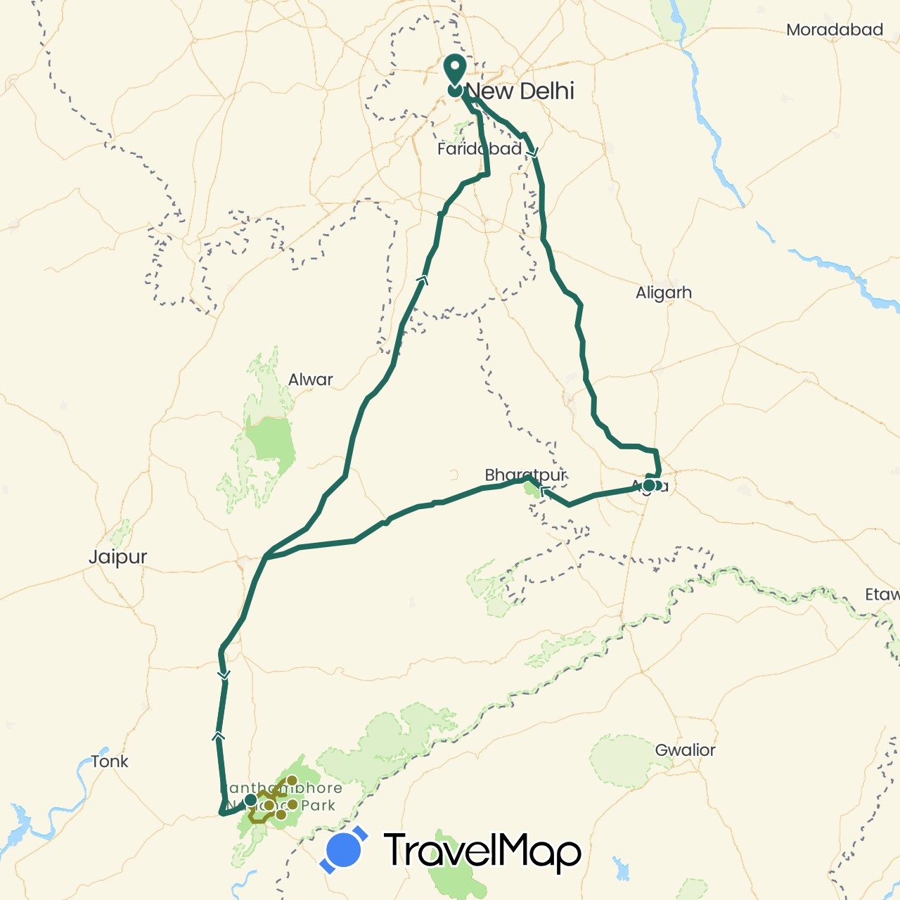 TravelMap itinerary: driving, jungle safari, road transfer in India (Asia)