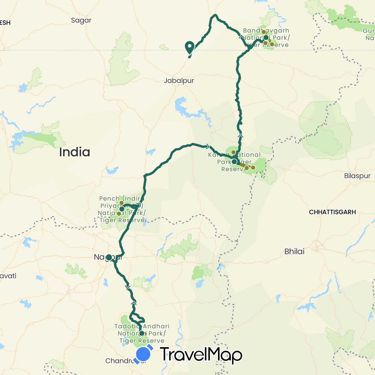 TravelMap itinerary: driving, jungle safari, road transfer in India (Asia)
