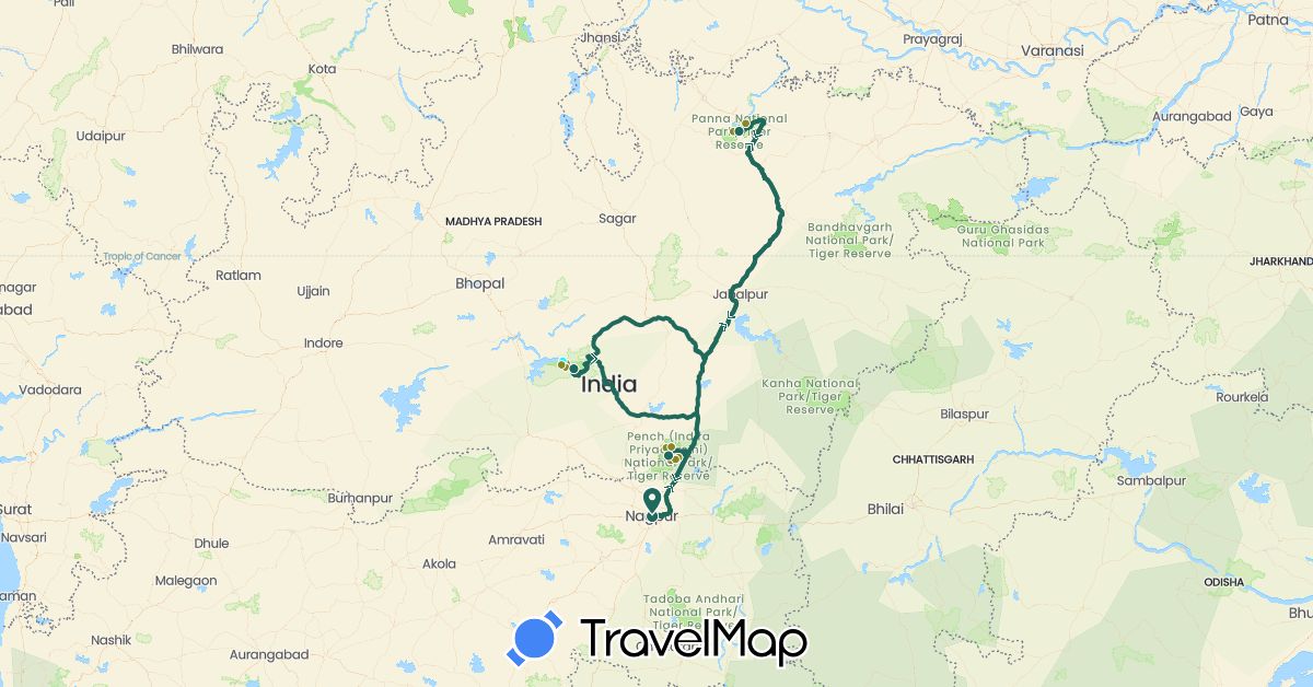 TravelMap itinerary: driving, jungle safari, road transfer, boat safari in India (Asia)