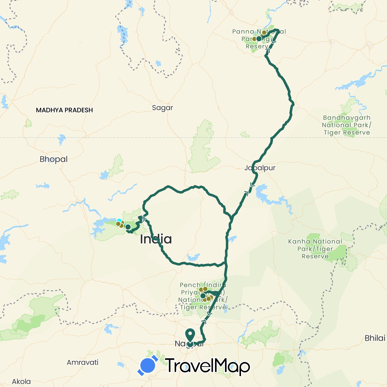 TravelMap itinerary: driving, jungle safari, road transfer, boat safari in India (Asia)