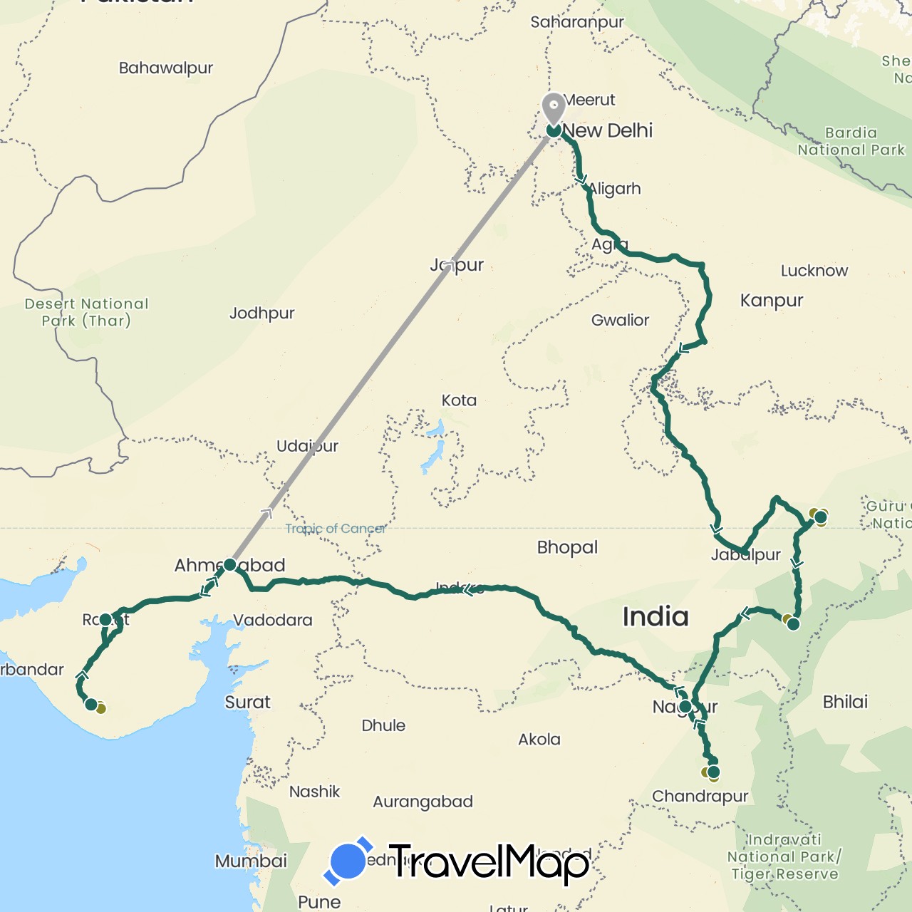 TravelMap itinerary: driving, jungle safari, road transfer, air transfer in India (Asia)