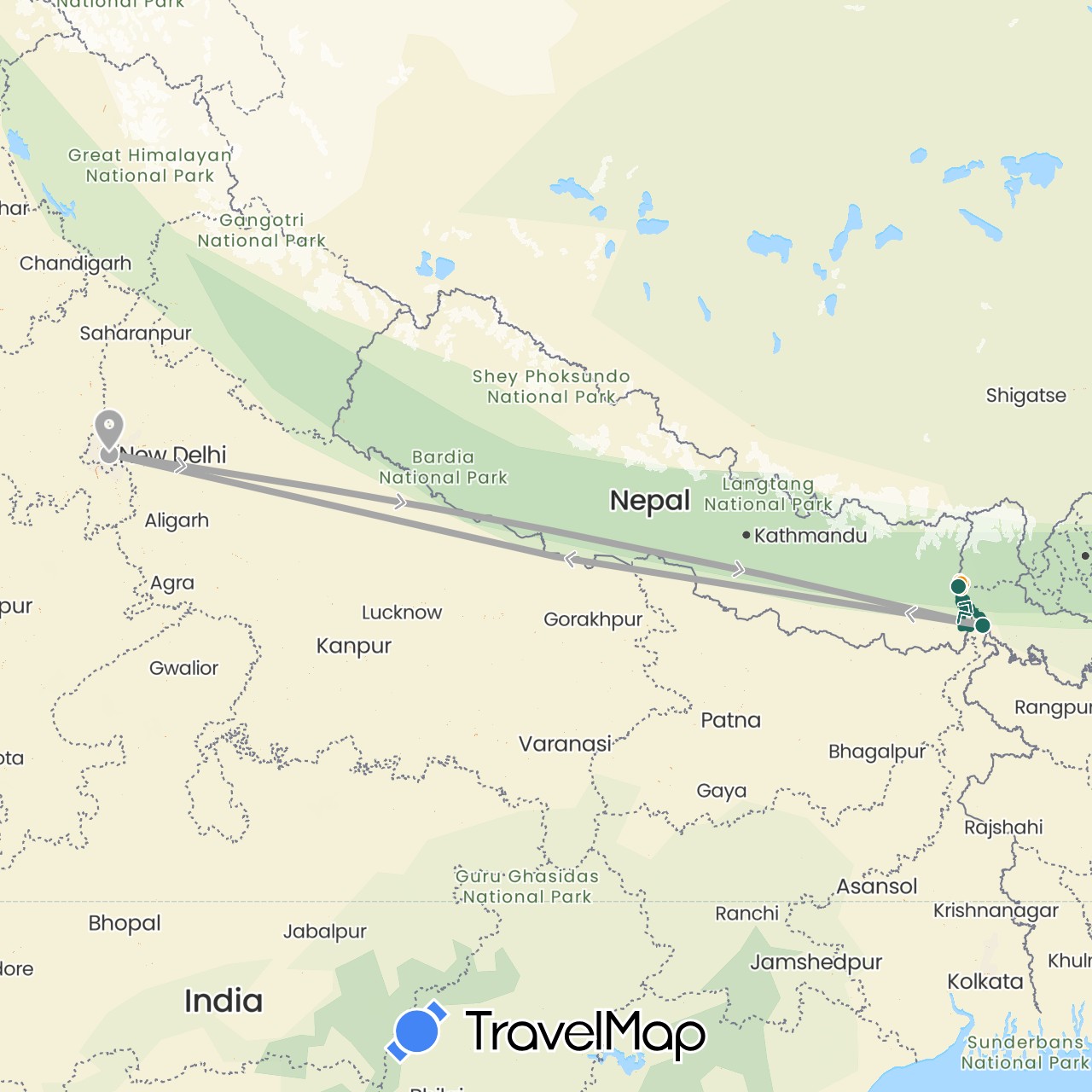 TravelMap itinerary: driving, road transfer, air transfer, jungle trekking in India (Asia)