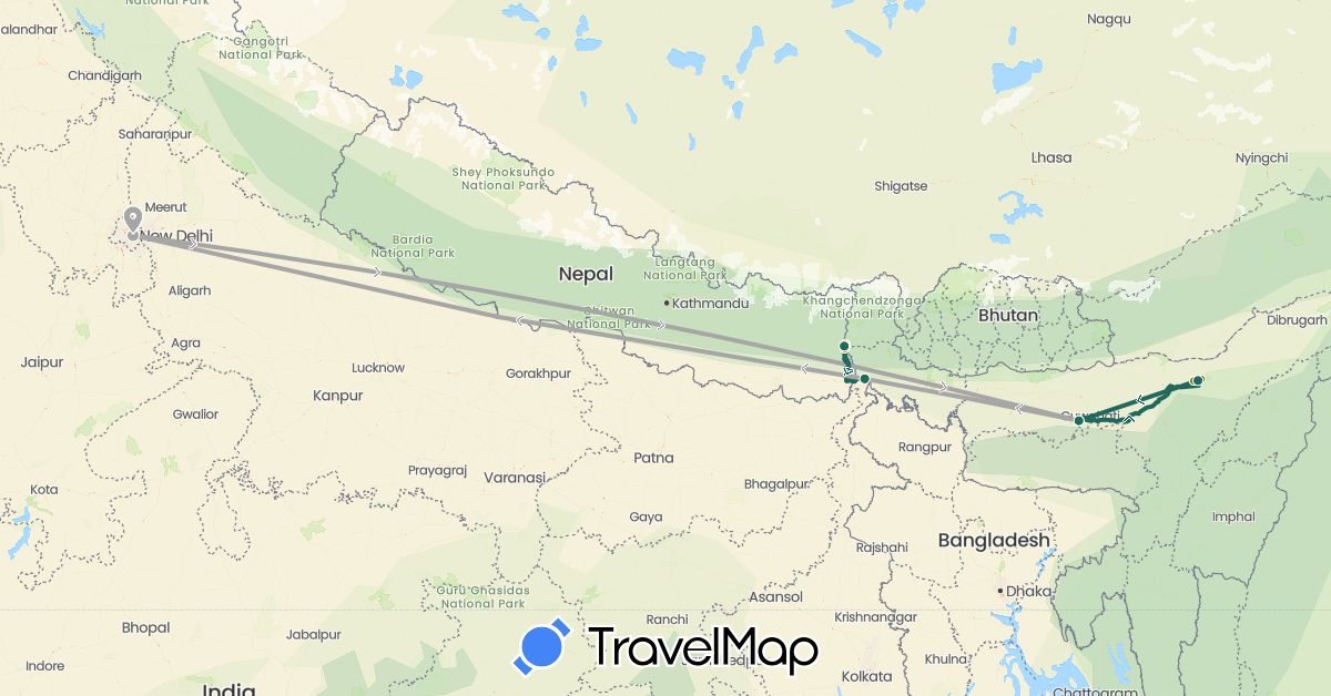 TravelMap itinerary: driving, jungle safari, road transfer, air transfer, jungle trekking in India (Asia)