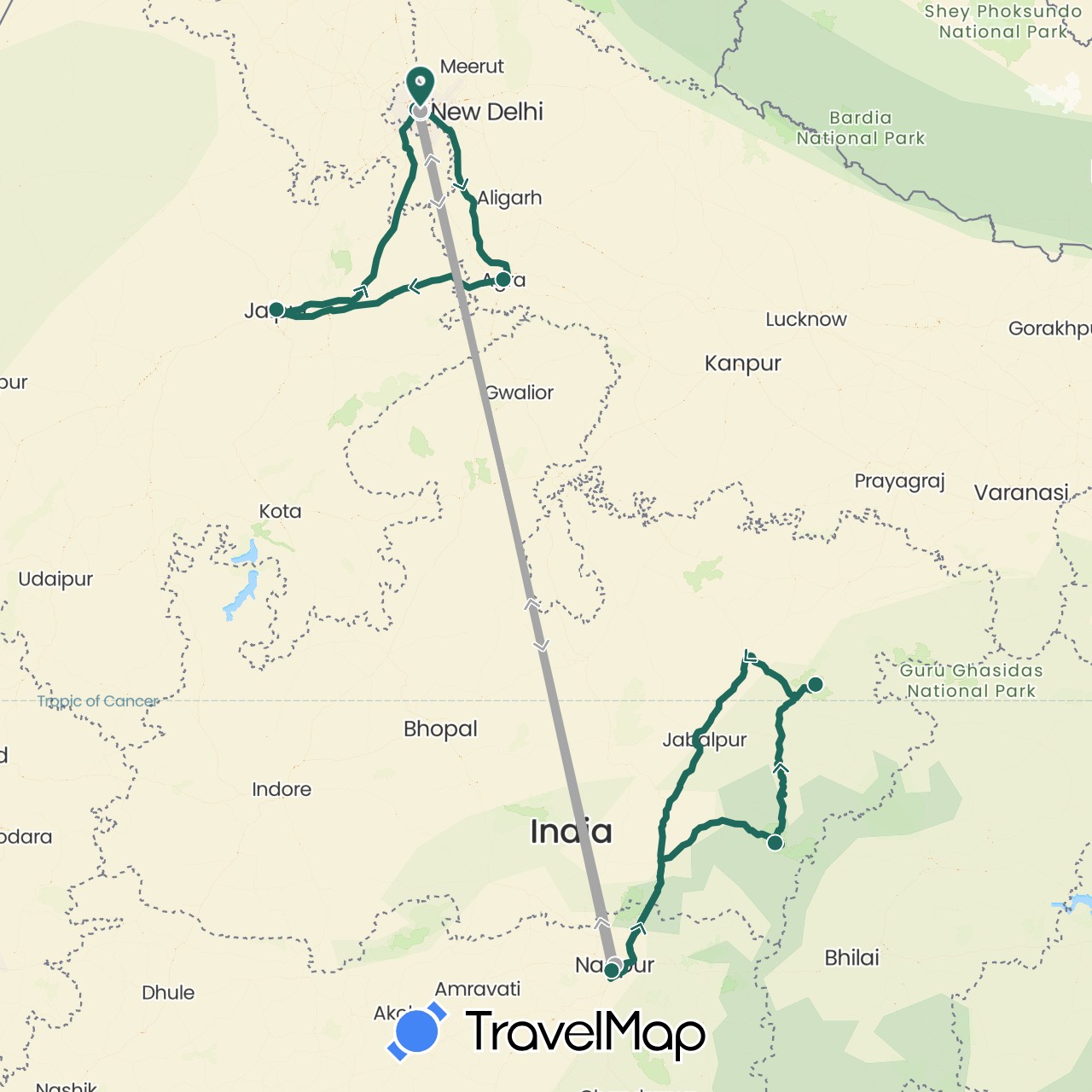 TravelMap itinerary: driving, jungle safari, road transfer, air transfer in India (Asia)
