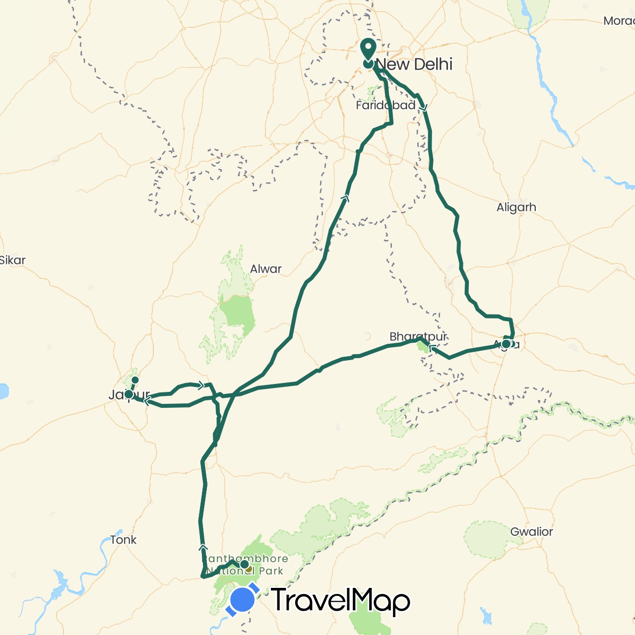 TravelMap itinerary: driving, jungle safari, road transfer in India (Asia)