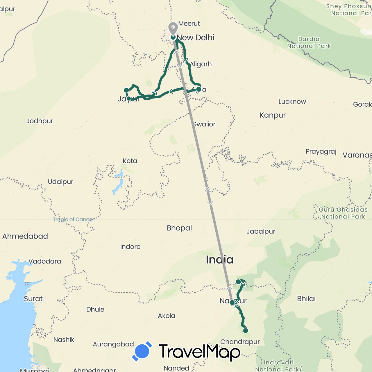 TravelMap itinerary: driving, jungle safari, road transfer, air transfer in India (Asia)