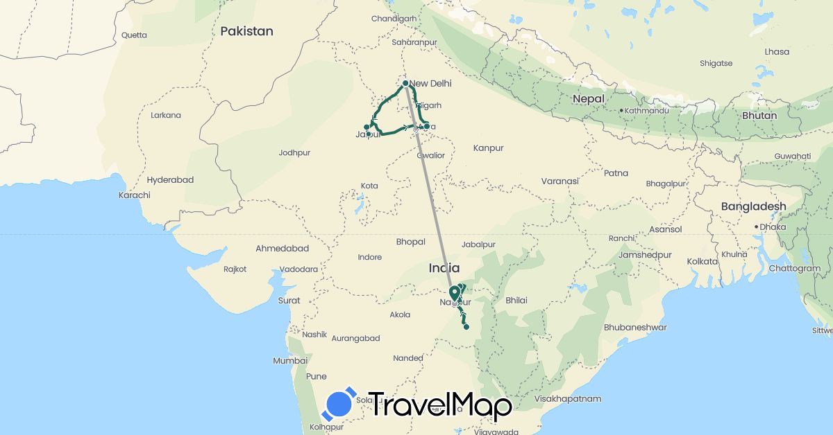 TravelMap itinerary: driving, jungle safari, road transfer, air transfer in India (Asia)