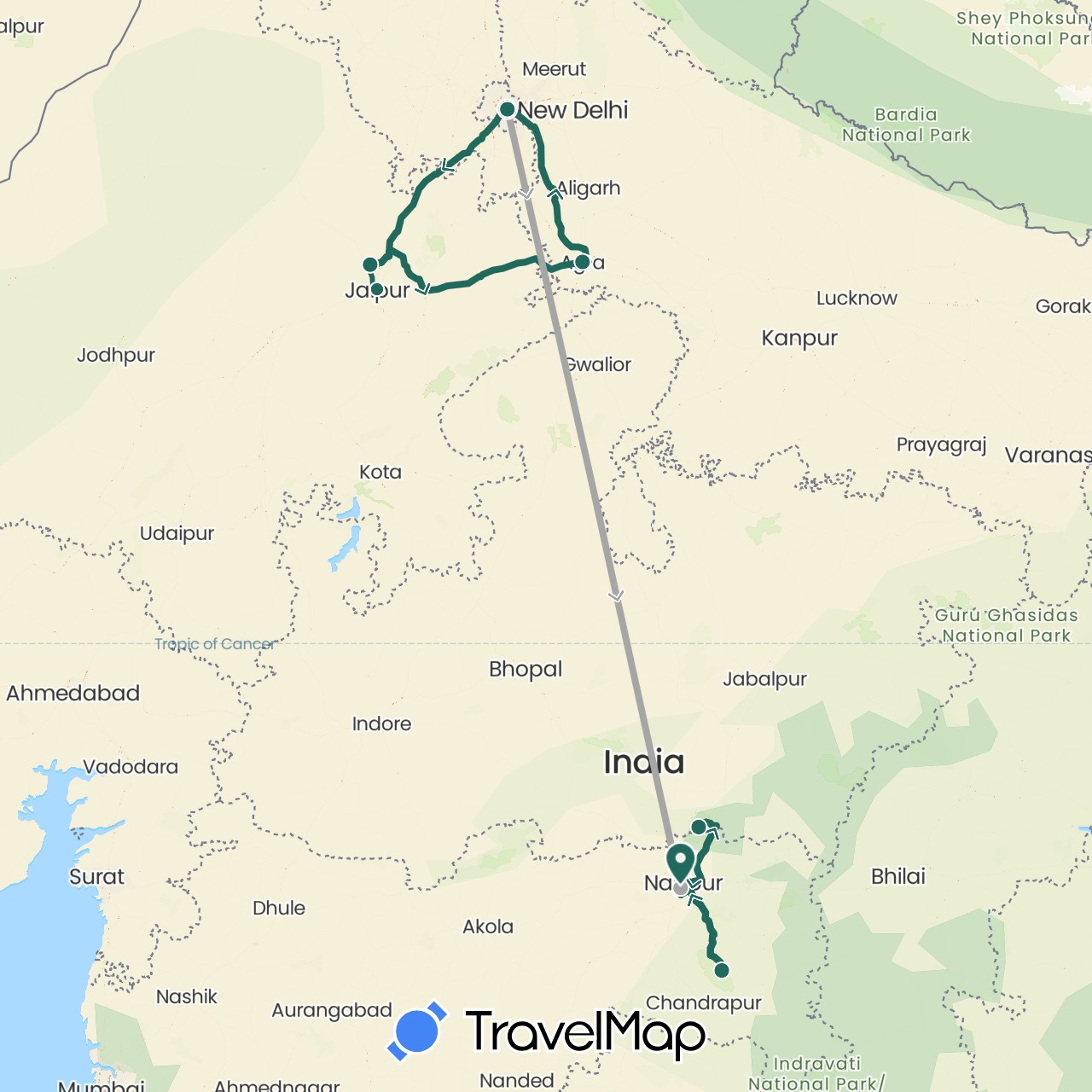 TravelMap itinerary: driving, jungle safari, road transfer, air transfer in India (Asia)