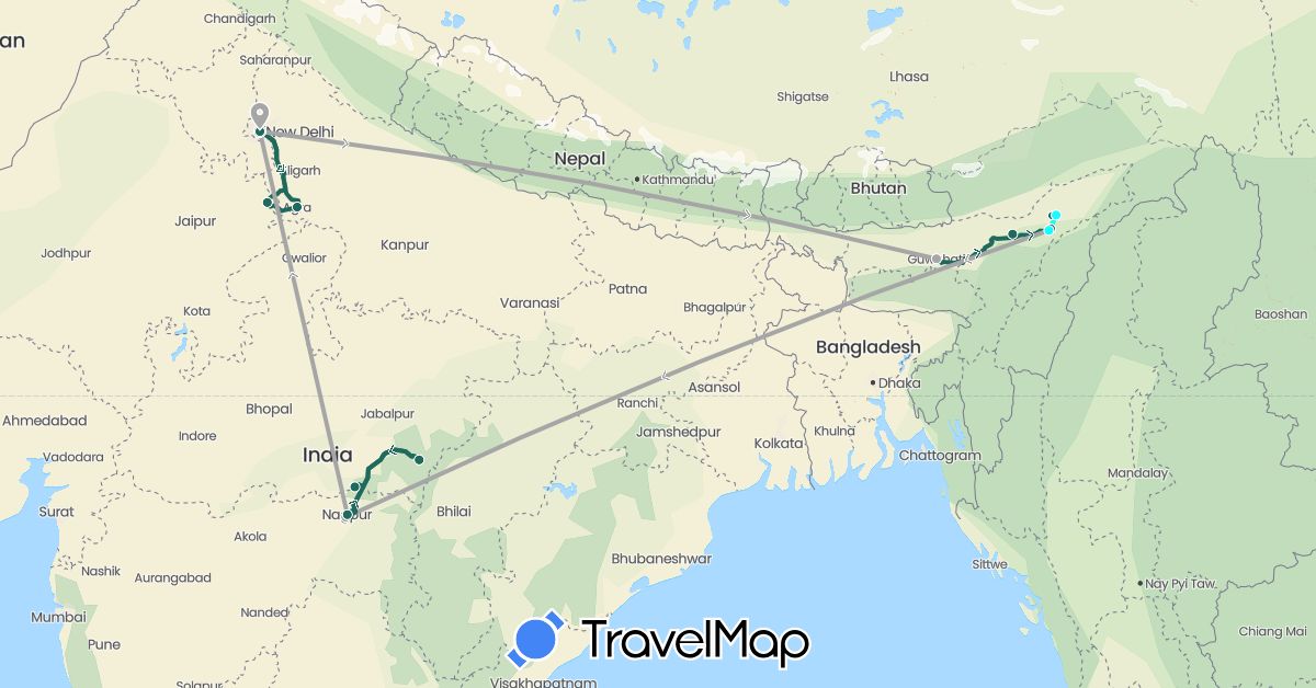 TravelMap itinerary: driving, jungle safari, road transfer, boat safari, air transfer in India (Asia)
