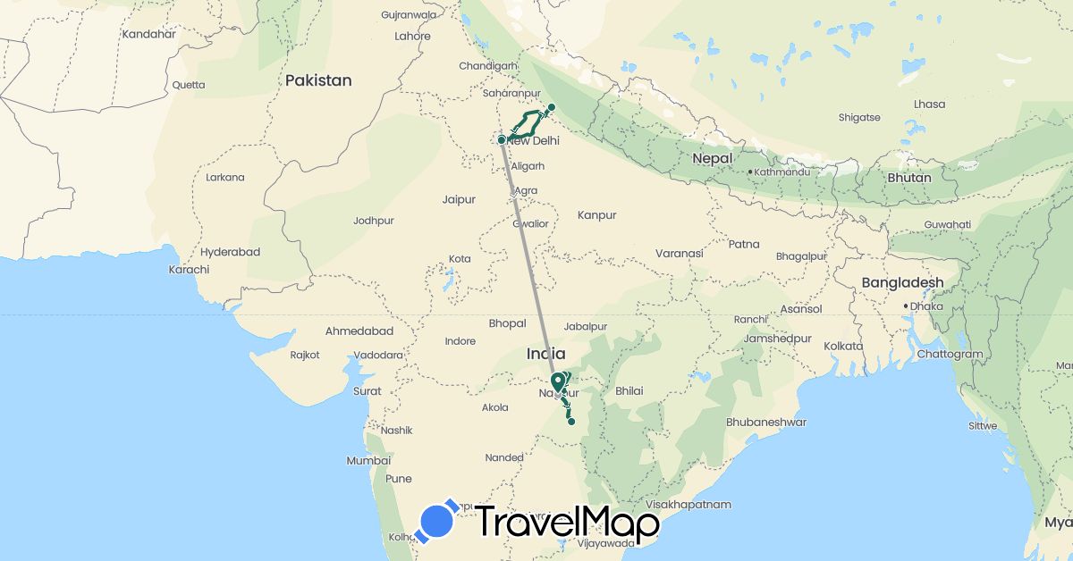 TravelMap itinerary: driving, jungle safari, road transfer, air transfer in India (Asia)