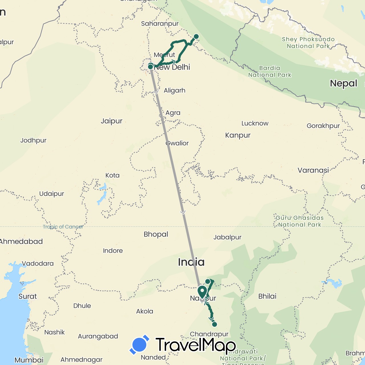 TravelMap itinerary: driving, jungle safari, road transfer, air transfer in India (Asia)