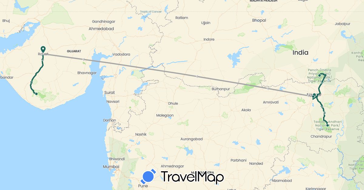 TravelMap itinerary: driving, jungle safari, road transfer, air transfer in India (Asia)