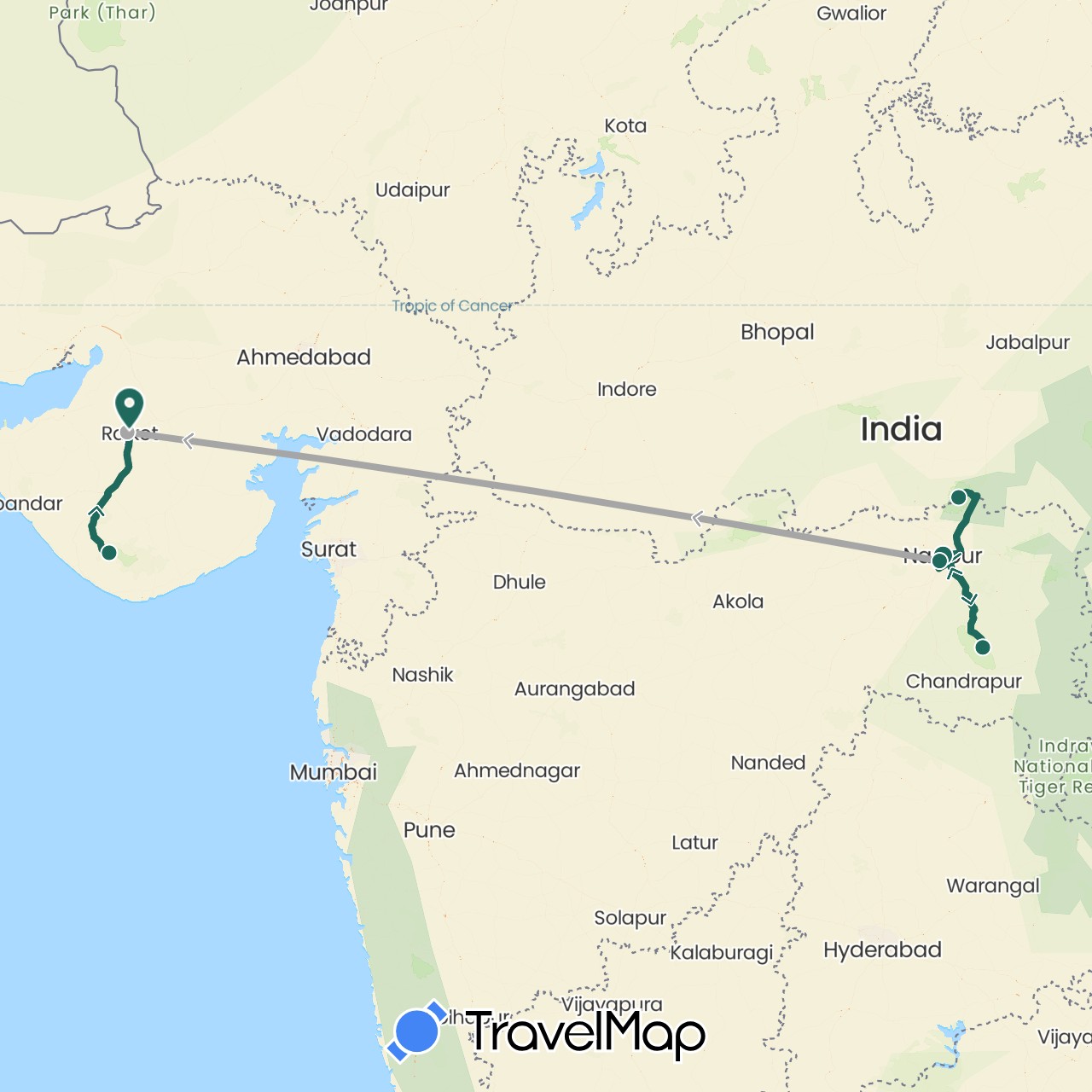 TravelMap itinerary: driving, jungle safari, road transfer, air transfer in India (Asia)