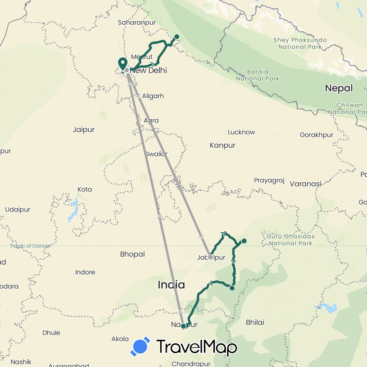 TravelMap itinerary: driving, jungle safari, road transfer, air transfer in India (Asia)