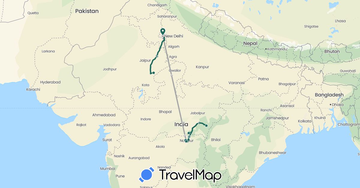 TravelMap itinerary: driving, jungle safari, road transfer, air transfer in India (Asia)