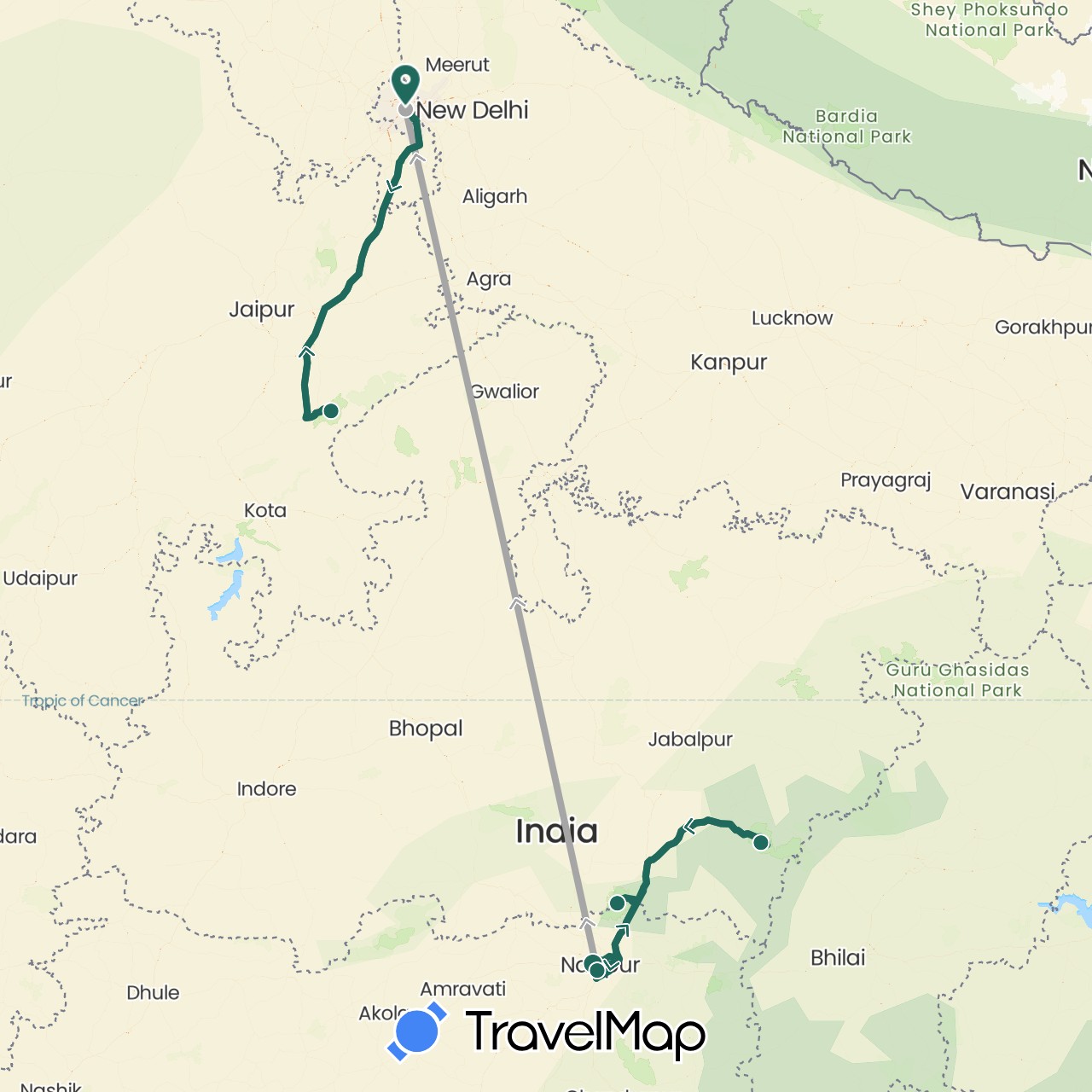TravelMap itinerary: driving, jungle safari, road transfer, air transfer in India (Asia)