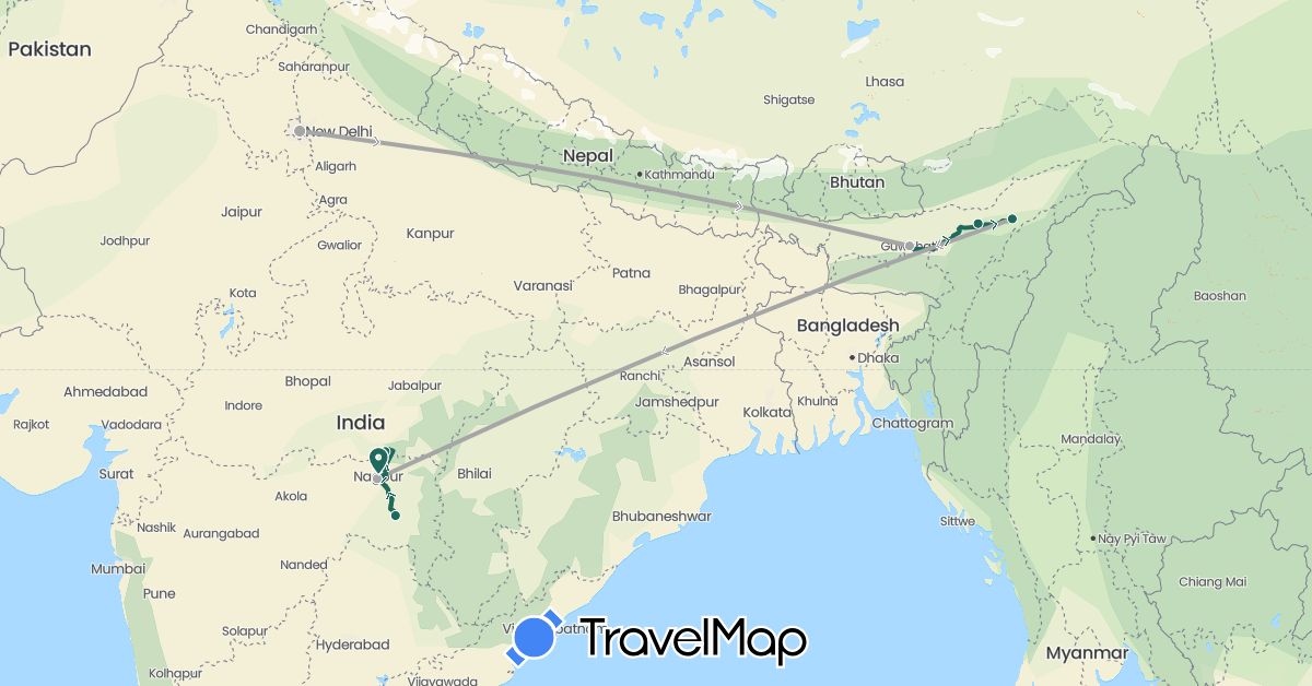 TravelMap itinerary: driving, jungle safari, road transfer, air transfer in India (Asia)