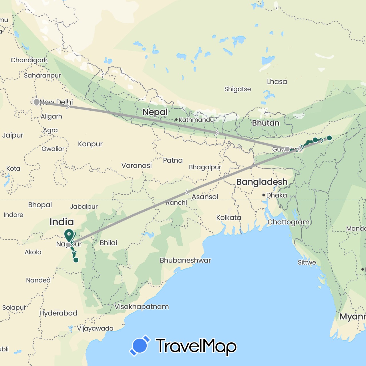 TravelMap itinerary: driving, jungle safari, road transfer, air transfer in India (Asia)