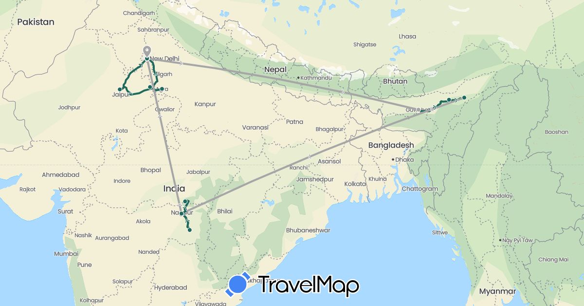 TravelMap itinerary: driving, jungle safari, road transfer, air transfer in India (Asia)