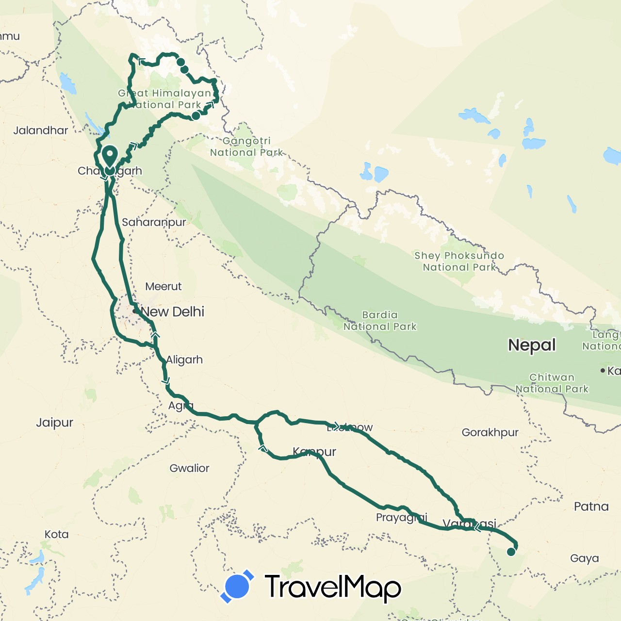 TravelMap itinerary: driving, road transfer in India (Asia)