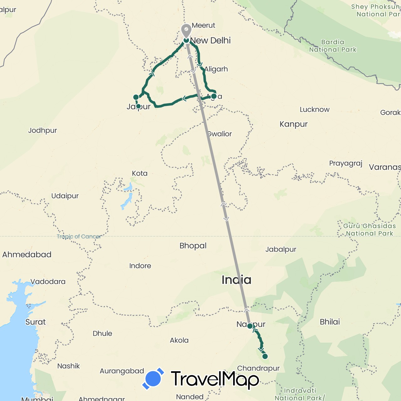 TravelMap itinerary: driving, jungle safari, road transfer, air transfer in India (Asia)