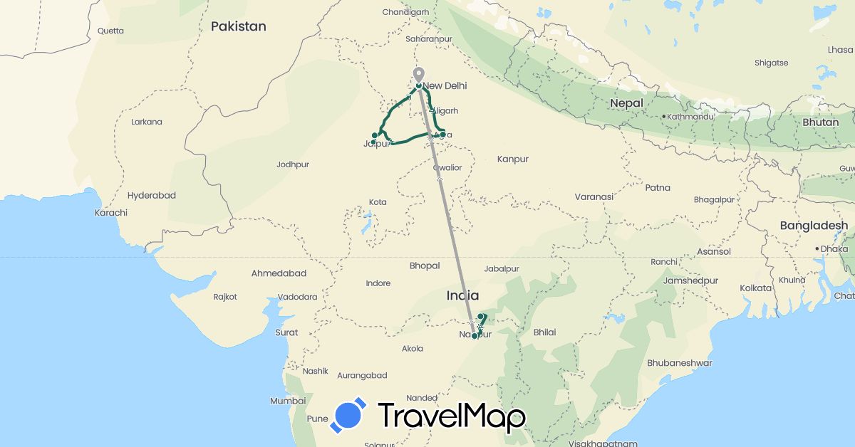 TravelMap itinerary: driving, jungle safari, road transfer, air transfer in India (Asia)