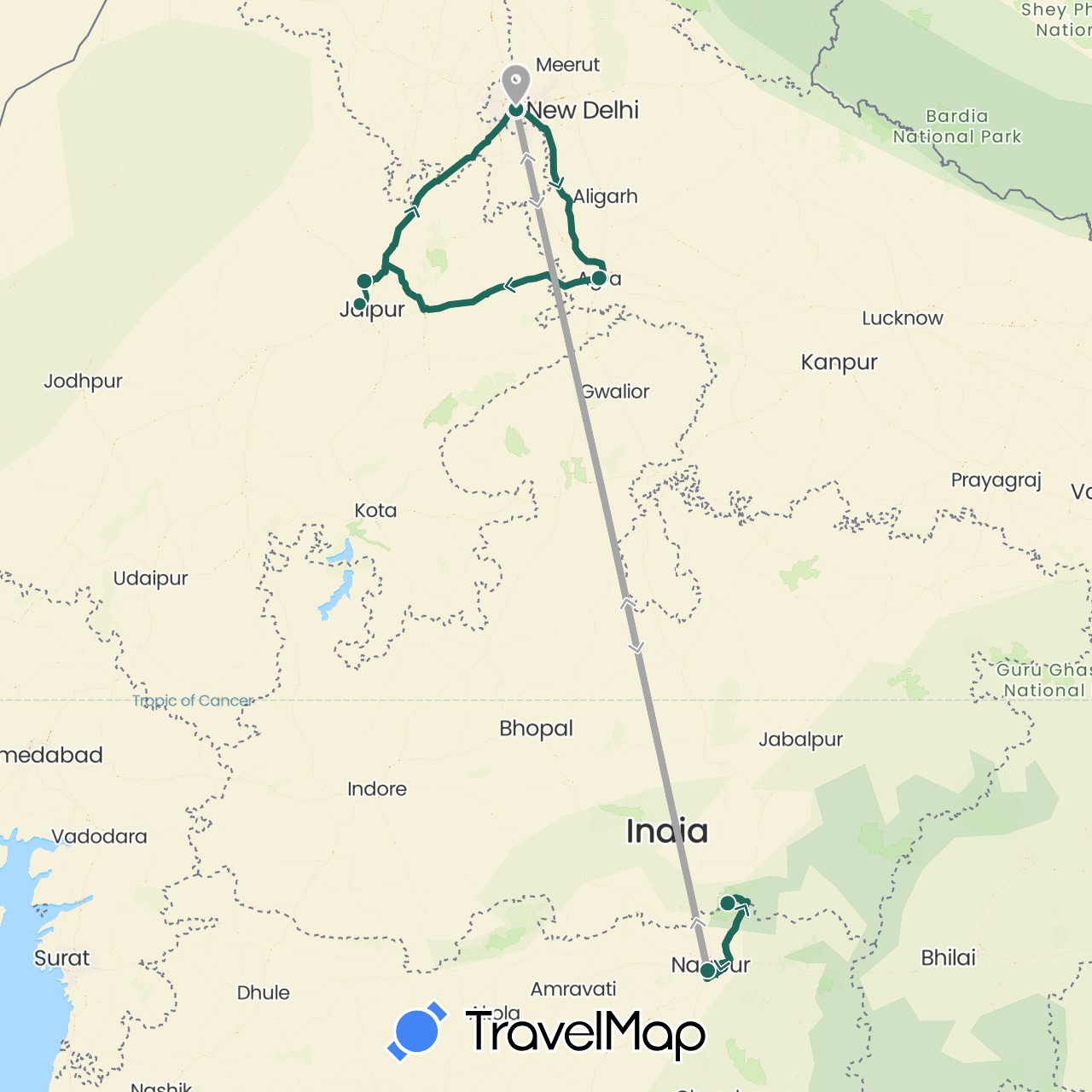 TravelMap itinerary: driving, jungle safari, road transfer, air transfer in India (Asia)