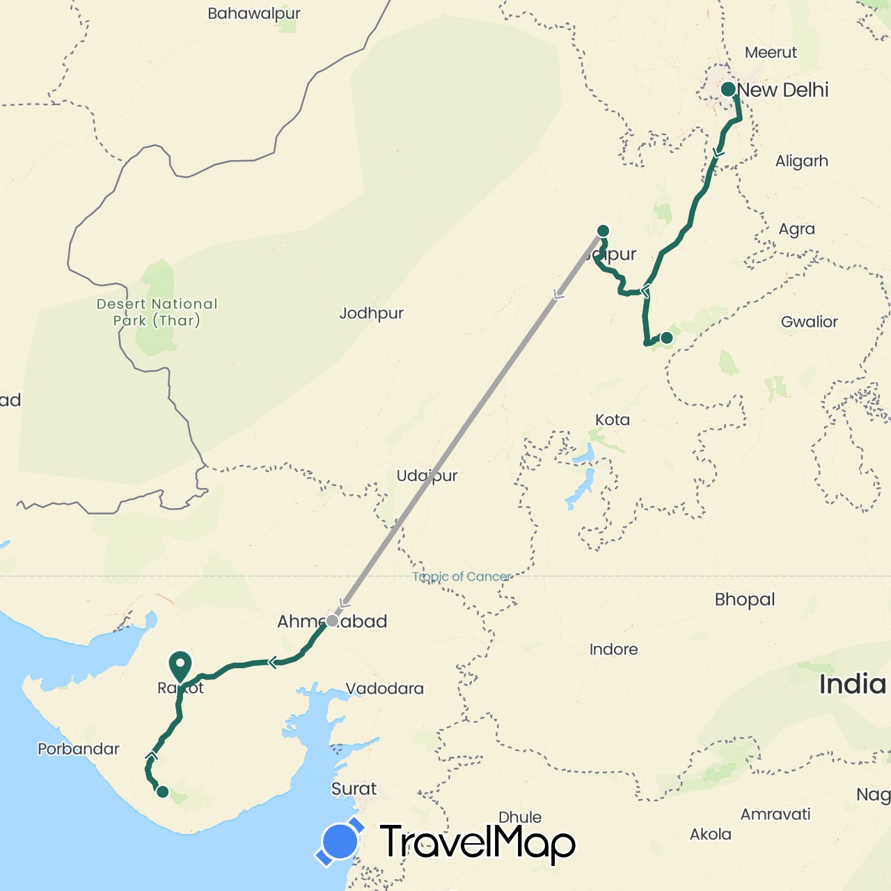 TravelMap itinerary: driving, jungle safari, road transfer, air transfer in India (Asia)
