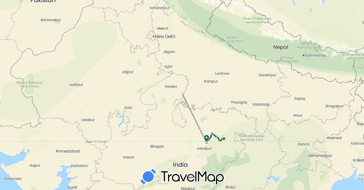 TravelMap itinerary: driving, jungle safari, road transfer, air transfer in India (Asia)