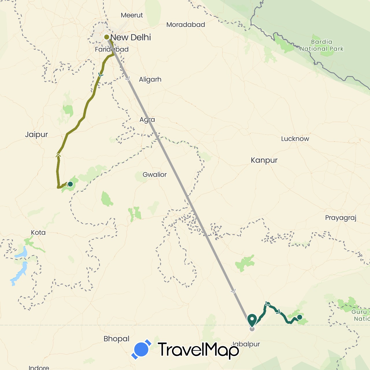 TravelMap itinerary: driving, jungle safari, road transfer, air transfer in India (Asia)