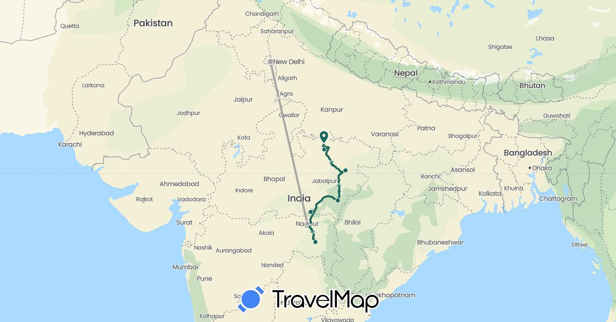 TravelMap itinerary: driving, jungle safari, road transfer, air transfer in India (Asia)