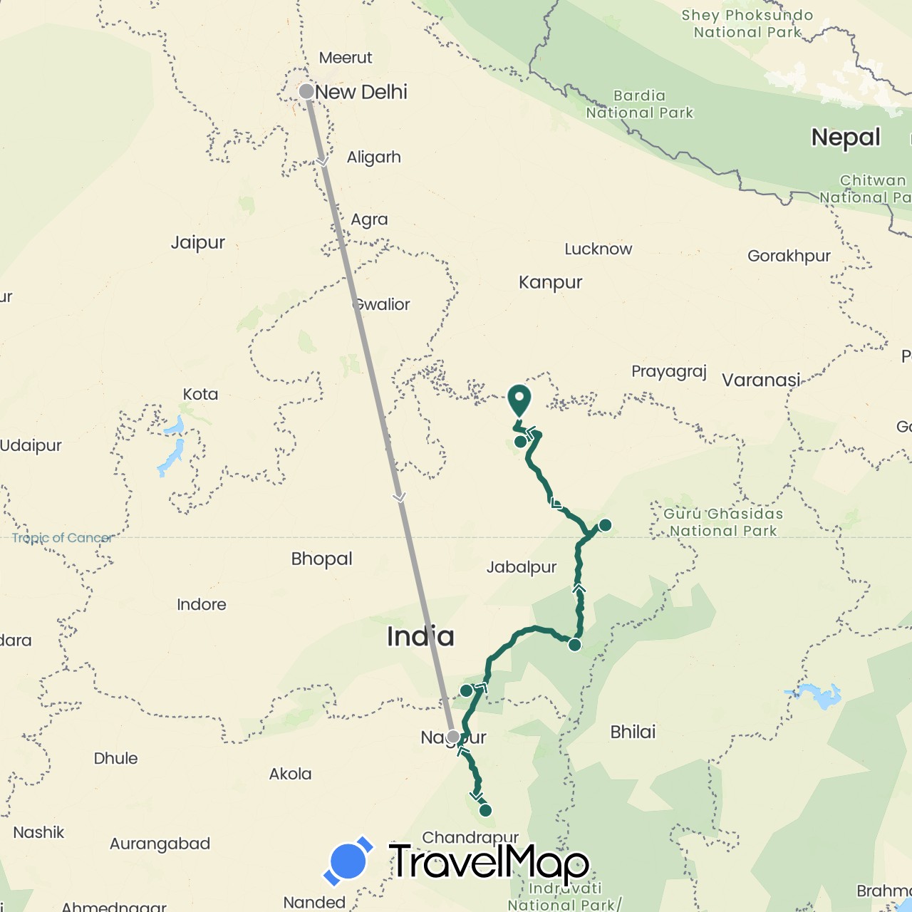 TravelMap itinerary: driving, jungle safari, road transfer, air transfer in India (Asia)
