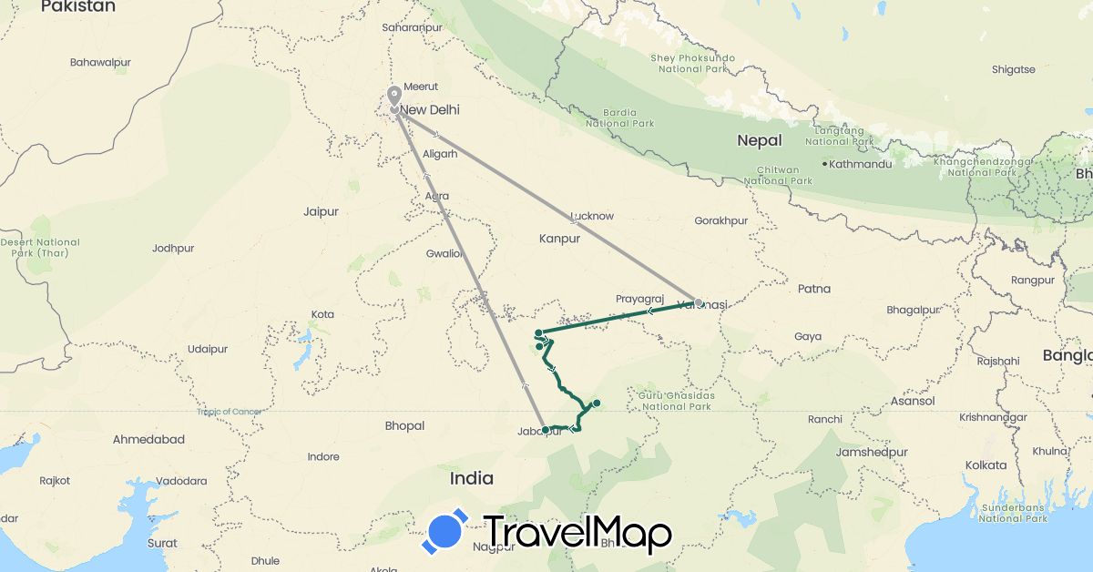 TravelMap itinerary: jungle safari, road transfer, air transfer in India (Asia)