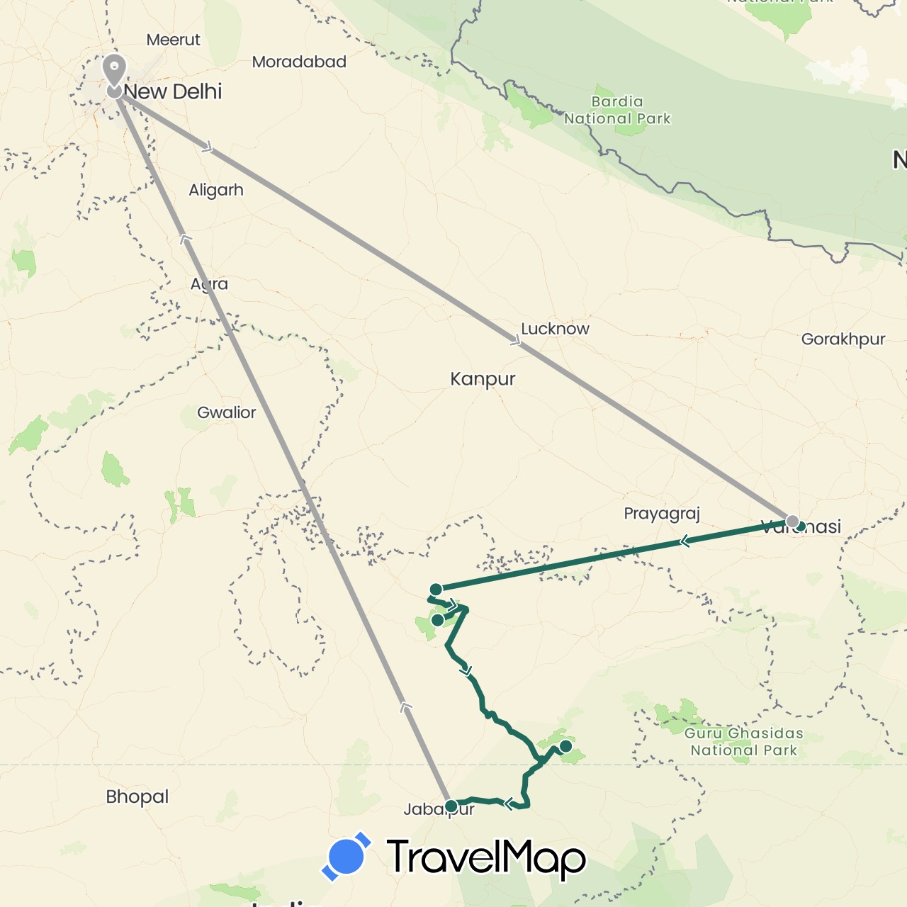 TravelMap itinerary: jungle safari, road transfer, air transfer in India (Asia)