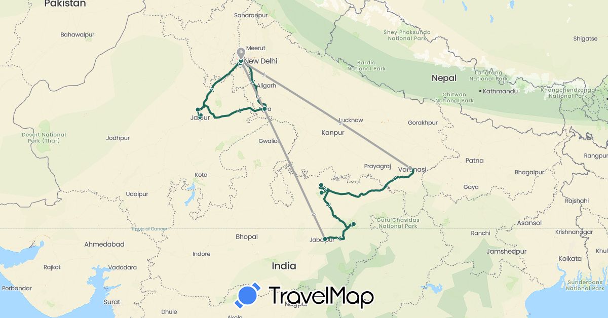 TravelMap itinerary: driving, jungle safari, road transfer, air transfer in India (Asia)