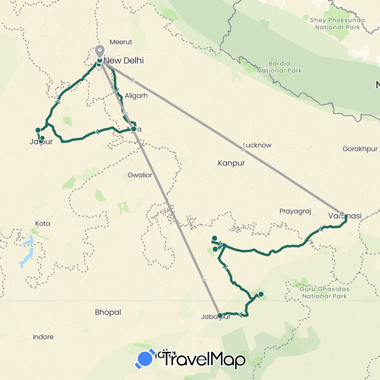 TravelMap itinerary: driving, jungle safari, road transfer, air transfer in India (Asia)