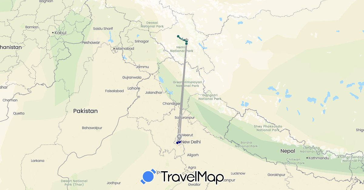 TravelMap itinerary: driving, road transfer, air transfer in India (Asia)