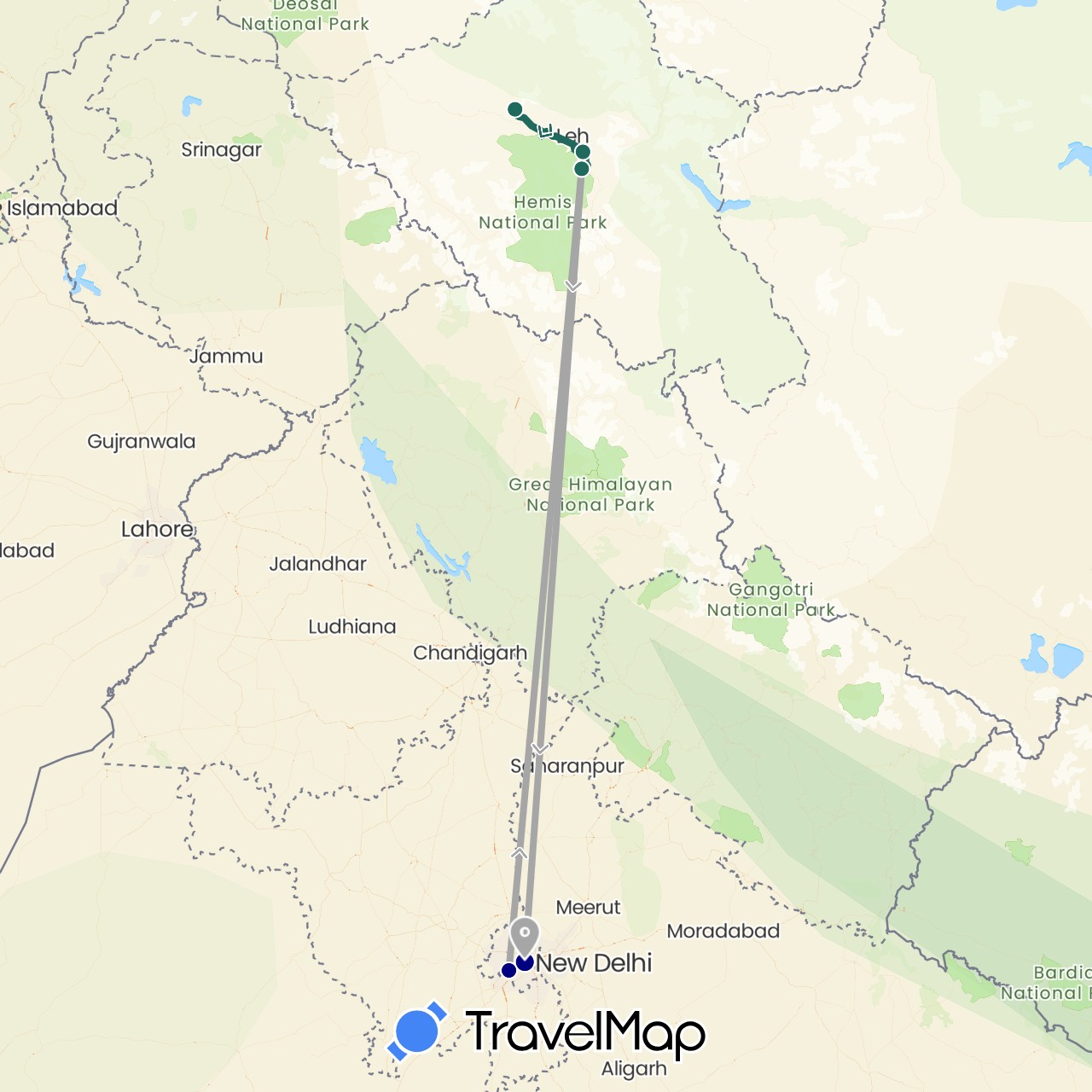 TravelMap itinerary: driving, road transfer, air transfer in India (Asia)